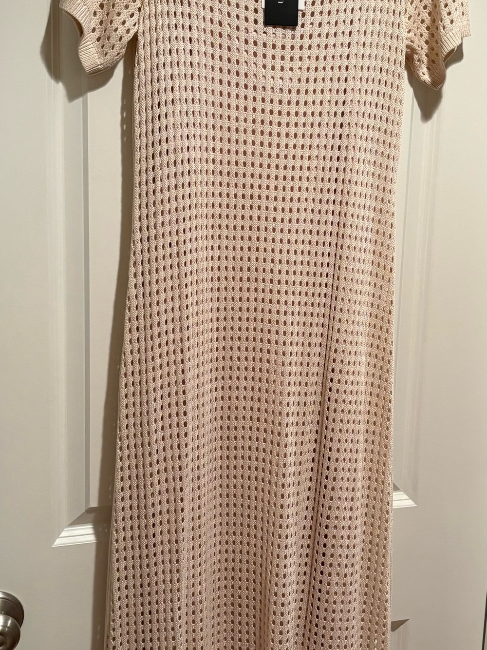 Open-Knit Short Sleeve Midi Dress in Light Beige